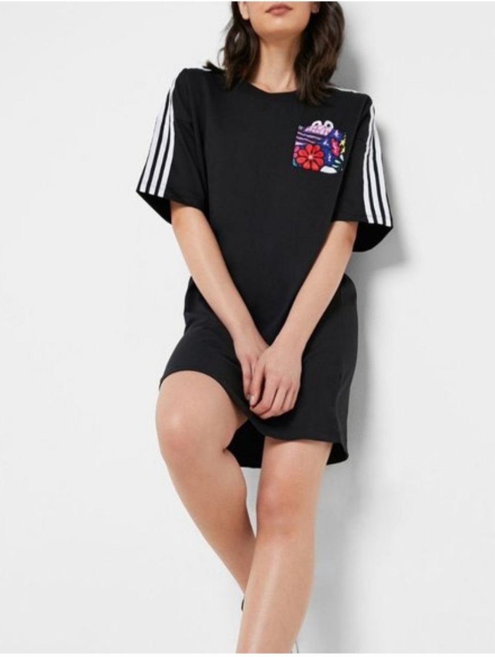 X Hatie Steaward Black T-Shirt Mini Dress with Colorful Pocket and White Stripes